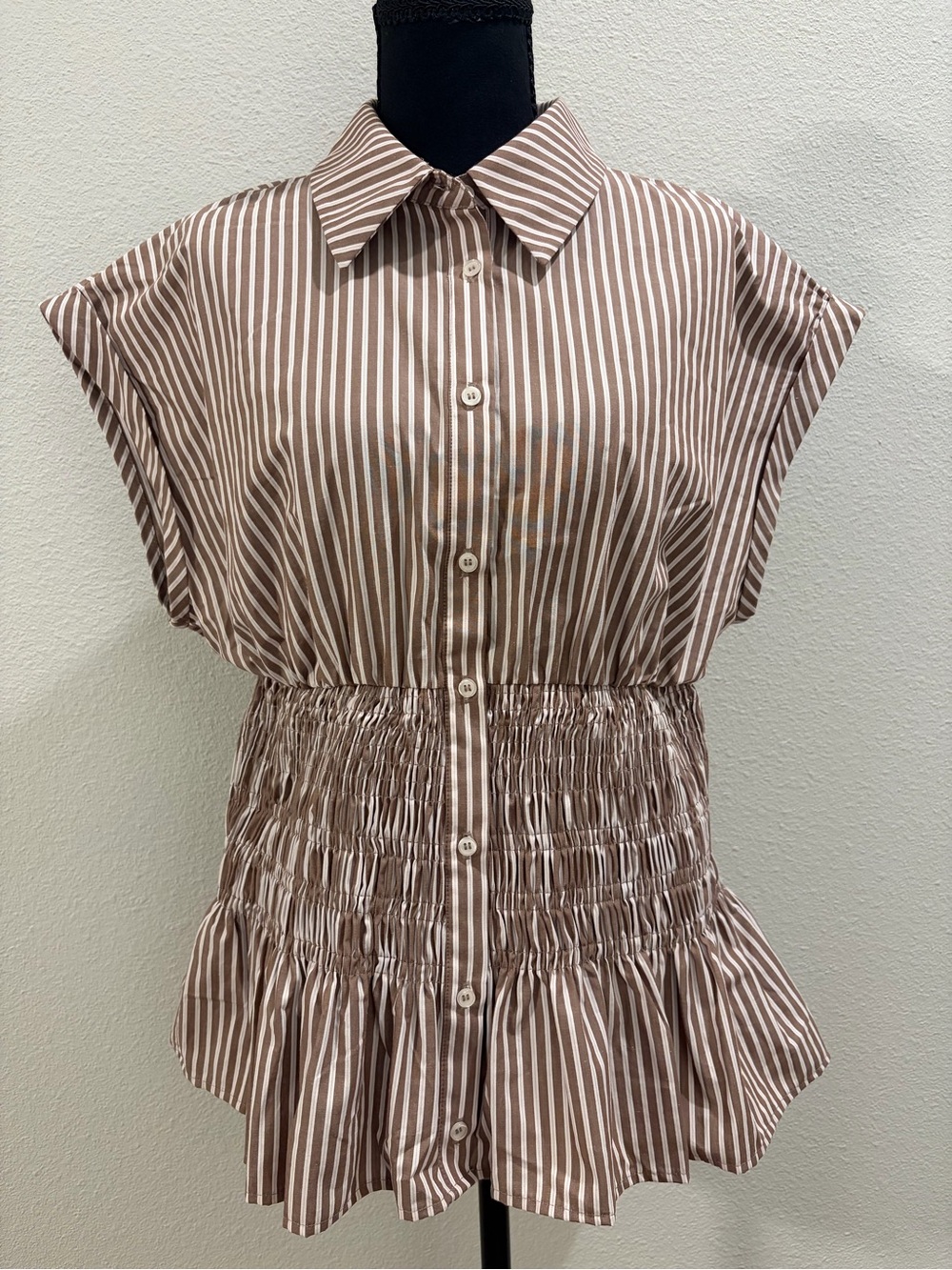 NWT Maeve Brown Striped Smocked Peplum Blouse